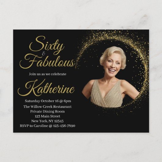 60 and Fabulous 60th Birthday Photo Black Gold Postkarte (Vorderseite)