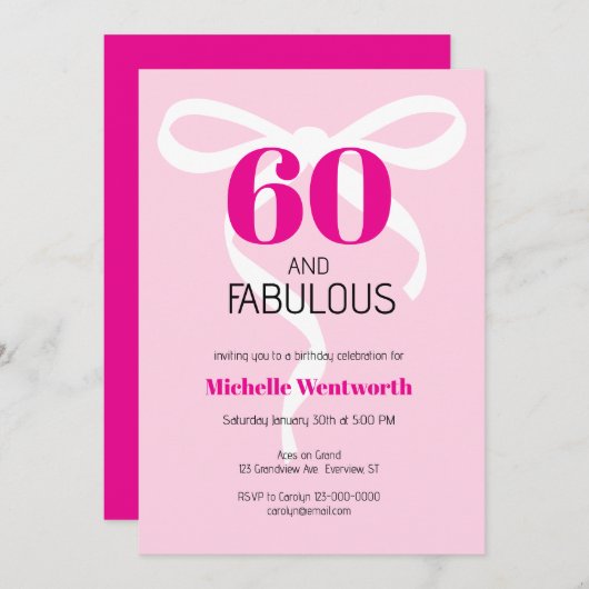 60 and Fabulous Fun Ribbon Hot Pink 60th Birthday Einladung (Vorne/Hinten)