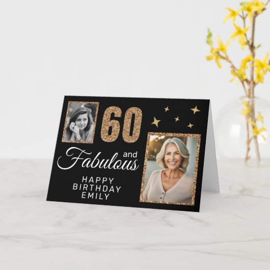60 and Fabulous Gold Glitter 2 Photo 60th Birthday Karte (Gelbe Blume)