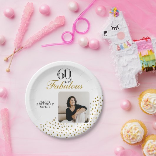 60 and Fabulous Gold Glitter Photo 60th Birthday Pappteller (Party)