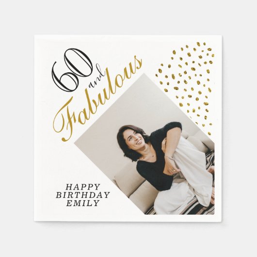 60 and Fabulous Gold Glitter Photo 60th Birthday Serviette (Vorderseite)