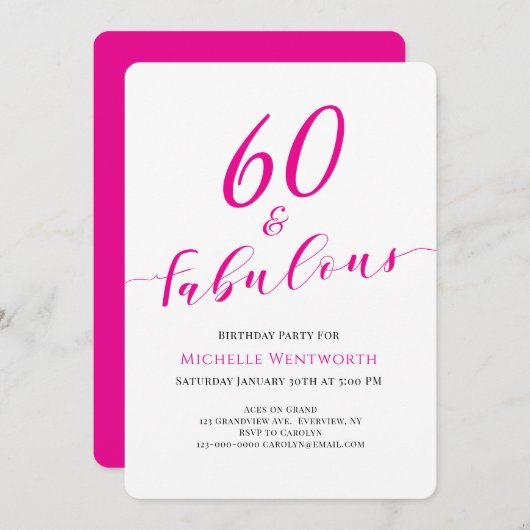 60 and Fabulous Sixtieth Birthday Hot Pink Script Einladung (Vorne/Hinten)