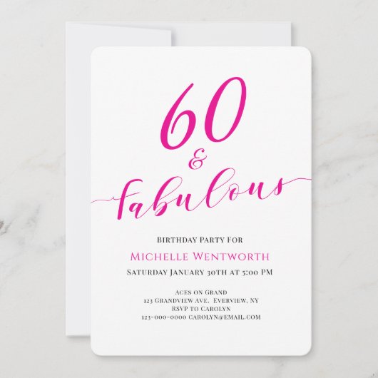 60 and Fabulous Sixtieth Birthday Hot Pink Script Einladung (Vorderseite)