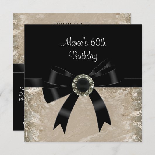 60. Antique Paper Black Diamond Jewel Bow Einladung (Vorne/Hinten)