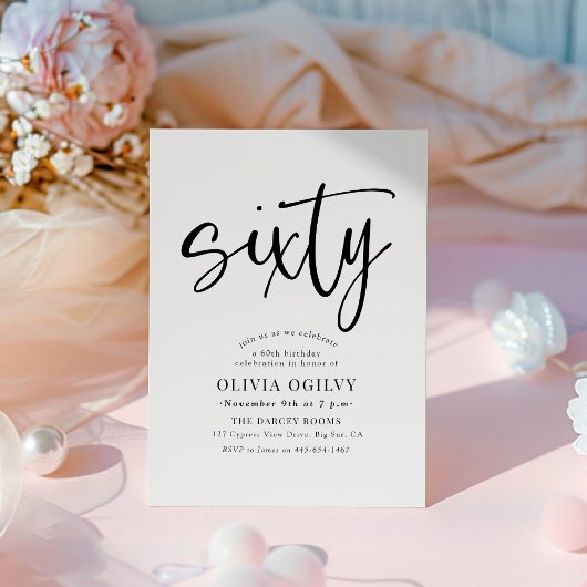 60. B&W Birthday Party Moderne Script Typografie Einladung