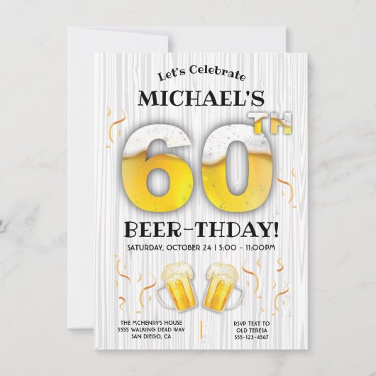 60. Beer Birthday Party Meilenstein Einladung (Vorderseite)
