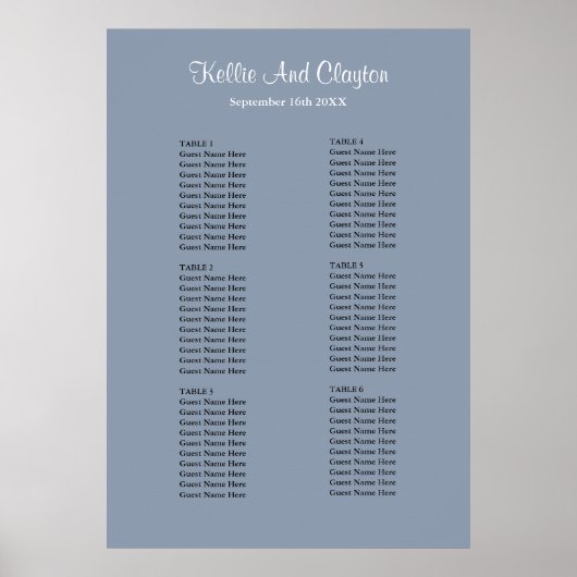 60 Blue Simple Wedding Seating Chart Poster (Vorne)