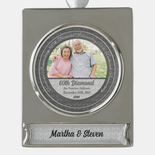 60. Diamant Jubiläum Foto für Datum und Namen Banner-Ornament Silber (Vorderseite)