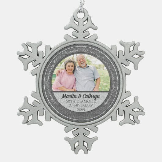 60. Diamond Annivsersary Silver Damask Foto Schneeflocken Zinn-Ornament (Vorderseite)