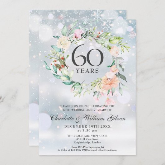 60. Diamond Hochzeitstag Winter-Blüte Einladung (Vorne/Hinten)
