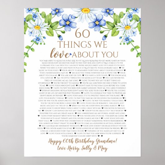 60 Dinge, die wir über Sie Liebe blauweiße Disy Poster (Vorne)