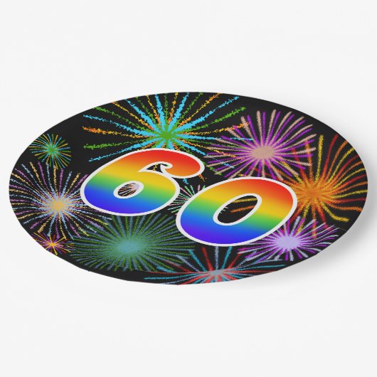 60. Event - Spaß, farbenfroh, kühl, Regenbogen 60 Pappteller (Schrägansicht)