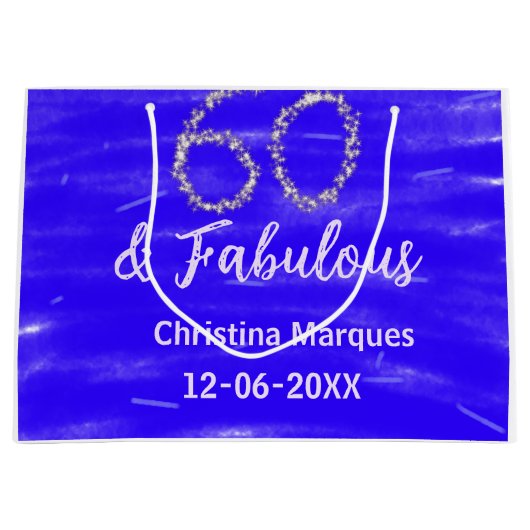 60 & fabelhafte Geburtstagsblauer Silbernamensdatu Große Geschenktüte (Vorderseite)