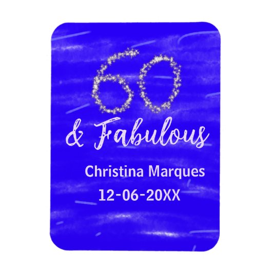 60 & fabelhafte Geburtstagsblauer Silbernamensdatu Magnet (Vertikal)