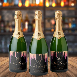 60 fabelhafte Tropfen zum Geburtstag schwarz-rosa Schaumweinetikett