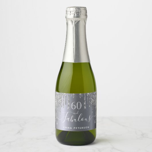 60 fabelhafter Geburtstag Silberner Glitzer Schaumweinetikett (Vorderseite)