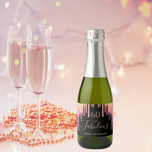 60 fabelhafter schwarz-rosa lila Glitzer zum Gebur Schaumweinetikett