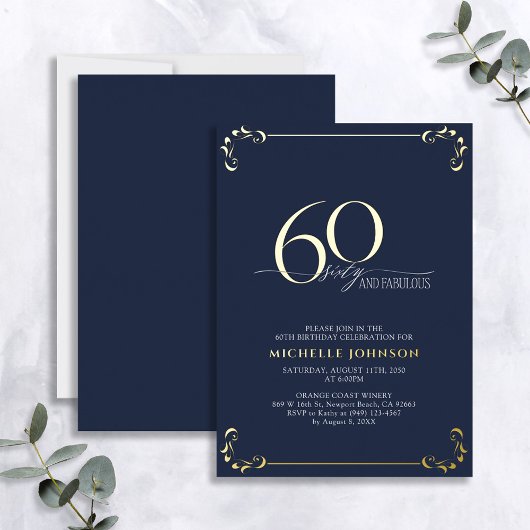 60 & Fabulous Blue & Gold Calligraphy Geburtstag Folieneinladung