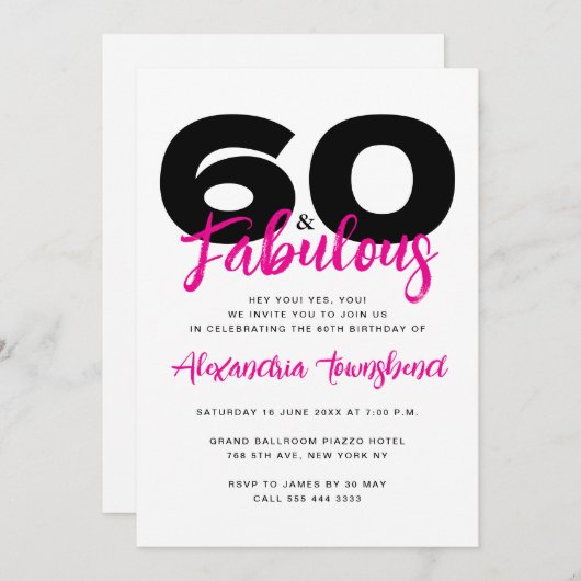 60 & Fabulous Bold Girly 60th Birthday Einladung (Vorne/Hinten)