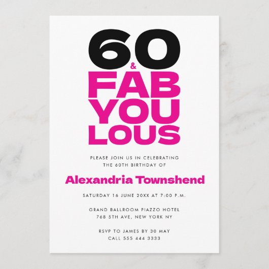 60 & Fabulous Bold Pink Typography 60th Birthday Einladung (Vorderseite)