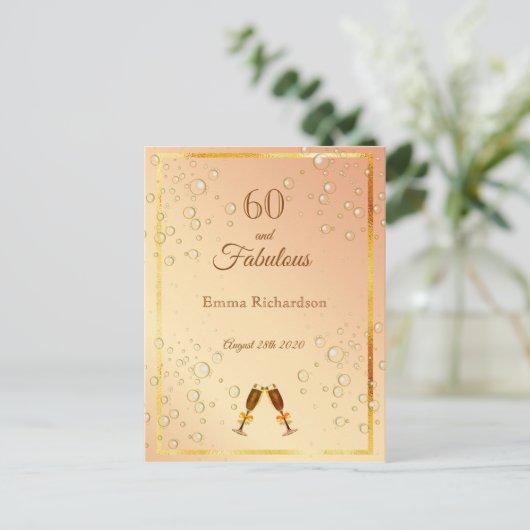 60 & Fabulous Geburtstag Goldblasen Einladung Postkarte (Stehend Vorderseite)