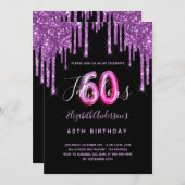60 & Fabulous Glitzer tropfend schwarz lila Glam Einladung (Vorne/Hinten)