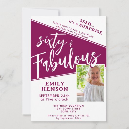 60 & Fabulous Magenta Photo 60th Birthday Surprise Einladung (Vorderseite)