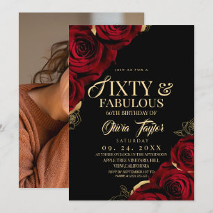 60 & Fabulous Rotes Schwarzes Blumen Elegantes Geb Einladung