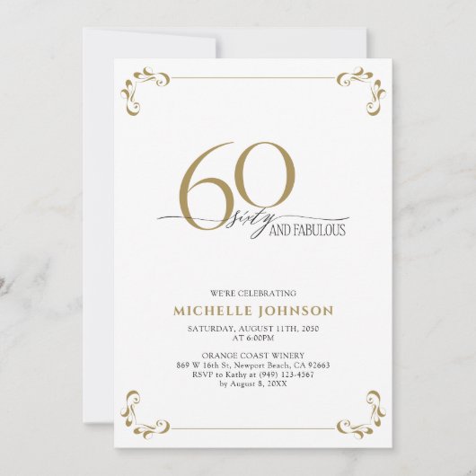 60 & Fabulous Schwarz-weiß & Gold Geburtstag Einladung (Vorderseite)