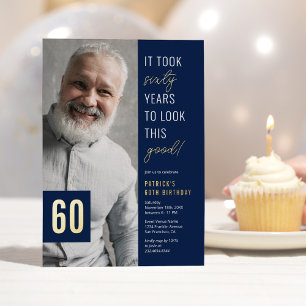 60 Foto Blue & Gold 60. Geburtstagsparty Real Folieneinladung