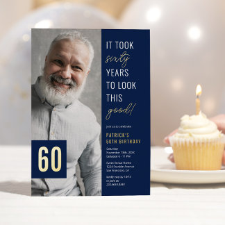 60 Foto Blue & Gold 60. Geburtstagsparty Real Folieneinladung