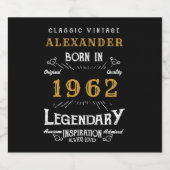 60. Geburtstag 1962 Name Vintag Schwarz Gold hinzu Bierflaschenetikett (Einzelnes Label)