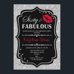 60. Geburtstag - 60. Fabulous Black Red Silver Einladung<br><div class="desc">Einladung zum 60. Geburtstag. Elegantes Schwarz-weißes Design mit Imitaten Glitzer Silber. Enthält rote Lippen Kuss,  Konfetti und Skript-Schriftart. Ideal für eine elegante Geburtstagsfeier. Sechzig Fabulous! Nachricht,  wenn Sie weitere Anpassungen benötigen.</div>