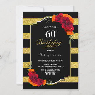 60. Geburtstag Abendessen Black Gold Streifen Blum Einladung