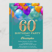 60. Geburtstag Aquamarine und goldene Ballons Einladung (Vorne/Hinten)