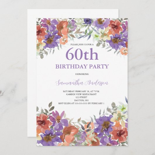 60. Geburtstag Aquarellfarben Einladung (Vorne/Hinten)