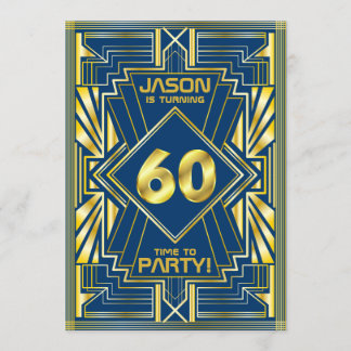 60. Geburtstag Art Deco Gold Blue Great Gatsby Einladung