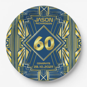 60. Geburtstag Art Deco Gold Blue Great Gatsby Pappteller