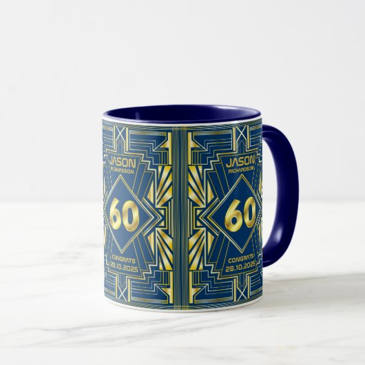 60. Geburtstag Art Deco Gold Blue Great Gatsby Tasse (VorderseiteRechts)