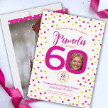 60. Geburtstag benutzerdefinierte Fotos rosa gelbe Einladung<br><div class="desc">Helle bunt Konfetti zufällige Punkte Geburtstag 60. Überraschung Party Einladungen. In dunkelrosa, rot, korallenrot, goldgelb und gelb auf weiß. Fügen Sie Ihr eigenes Geburtstagsmädchen-Foto in der Mitte der 0 in 60 und ein ganzseitiges Foto auf der Rückseite. Stellen Sie sich Ihre persönlichen Daten zu Ihrem sechzigsten Geburtstag, Ihrer Zeit und...</div>