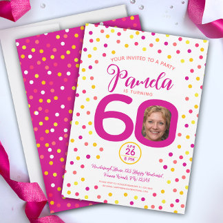 60. Geburtstag benutzerdefinierte Fotos rosa gelbe Einladung