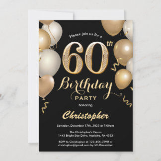 60. Geburtstag Black and Gold Balloons Confetti Einladung