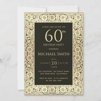 60. Geburtstag Black Gold Blume Elegant Vintag Einladung
