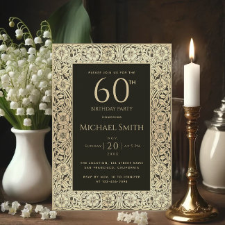 60. Geburtstag Black Gold Blume Elegant Vintag Einladung