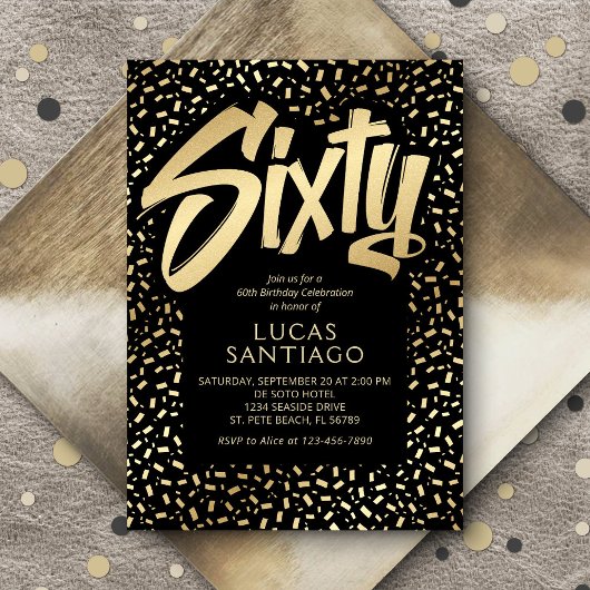 60. Geburtstag Black Gold Confetti Einladung