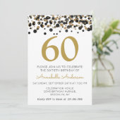 60. Geburtstag Black Gold Glitzer Sparkle Confetti Einladung (Stehend Vorderseite)