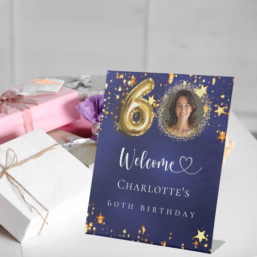 60. Geburtstag blauen goldenen Sterne Foto willkom Sockelschild