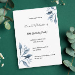 60. Geburtstag blauen weißen botanischen Einladung Postkarte<br><div class="desc">Eine elegante und einfache 60. Geburtstagsparty lädt ein. Auf der Vorderseite ein eleganter weißer Hintergrund mit blauen botanischen Ästen, Blumen. Vorlagen für einen Namen, 60 Jahre alt und Ihre Party-Details. Zurück: klassisch blaue Hintergrundfarbe. Tipp: Wenn Sie es nicht so gewollt haben, dass es wie eine Postkarte aussieht, klicken Sie auf...</div>
