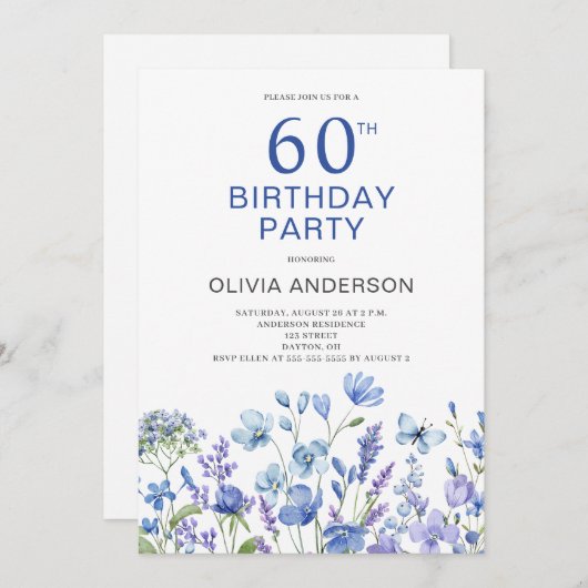 60. Geburtstag Blauer Flora Einladung (Vorne/Hinten)