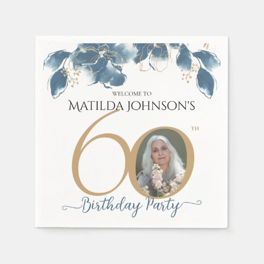 60. Geburtstag Blaues goldenes Foto Serviette (Vorderseite)